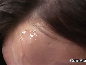 Foxy honey gets batter shot on her face tonguing all the enjoy cream