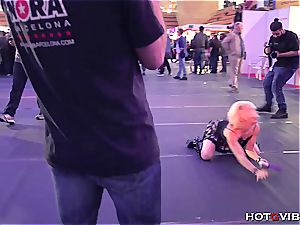 ash-blonde plays with her vulva and busts in public